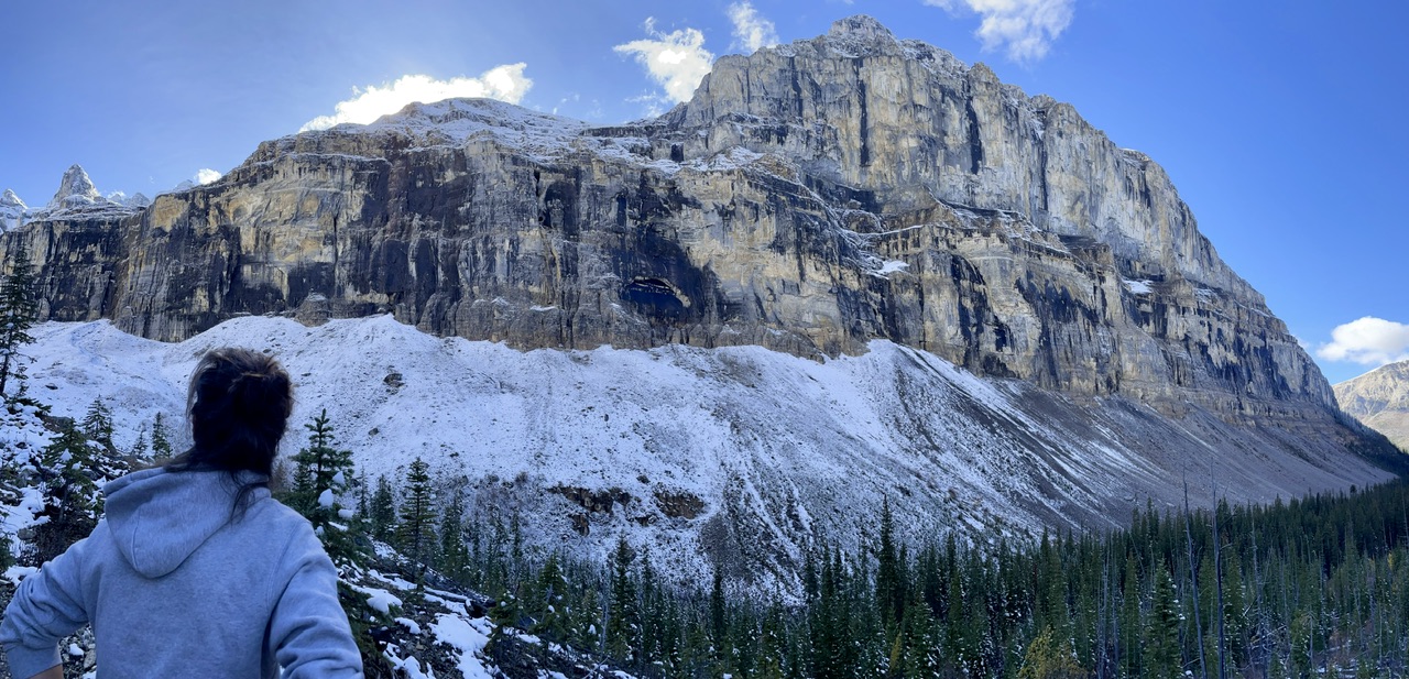 Ies bekijkt grote rots op rechts